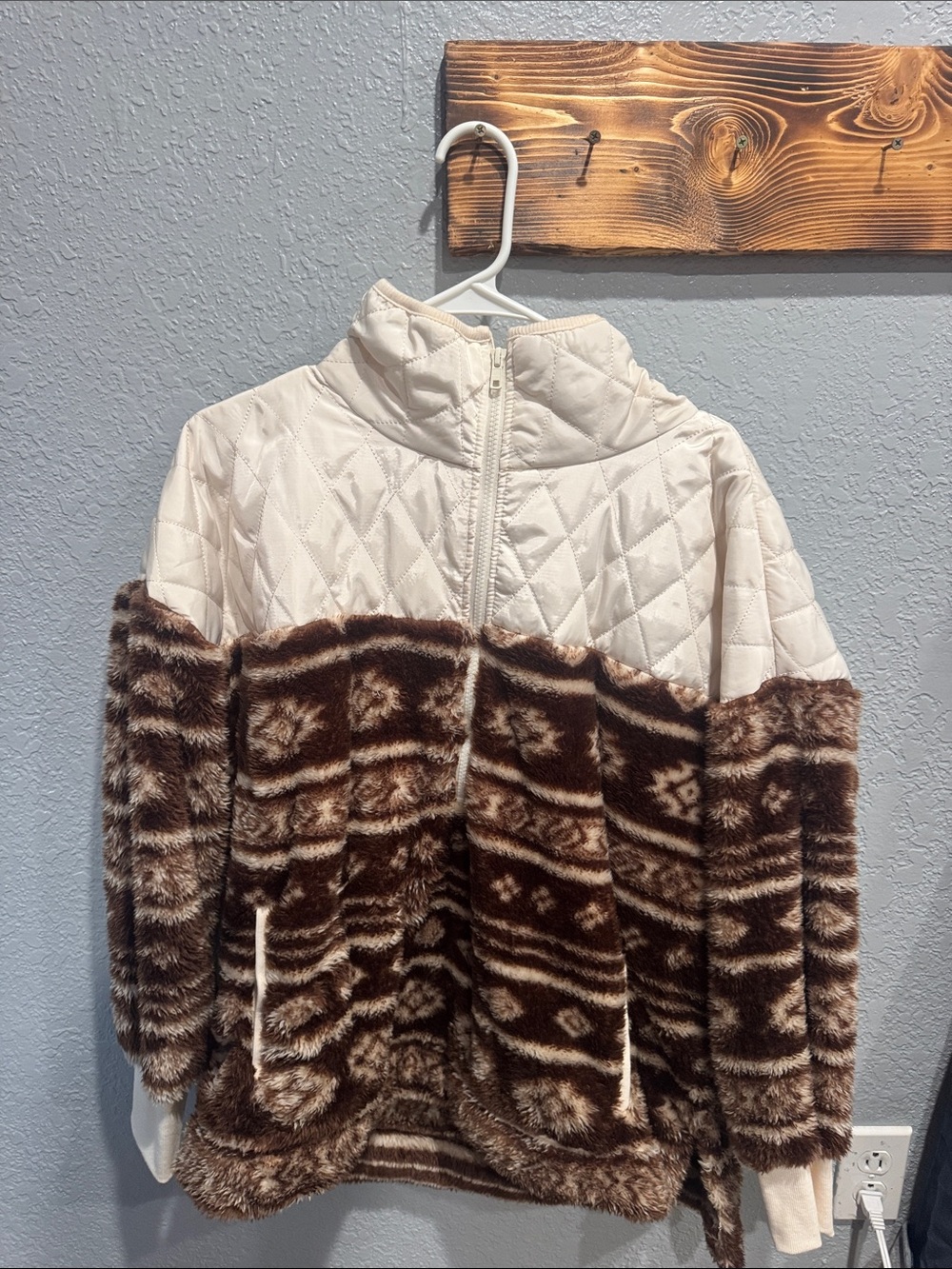 LuLaRoe Cream and Brown Quilted Faux Fur Jacket